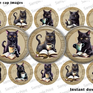Puede incluir: Doce imágenes redondas de tapas de botellas de 1 pulgada que muestran un gato negro con gafas y sosteniendo una taza de café. El gato está sentado en un libro con un fondo vintage.
