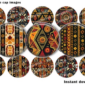 May include: A collection of 1-inch bottle cap images with various tribal patterns in shades of black, orange, and yellow. The designs include geometric shapes, masks, and stylized motifs. The text "Instant download!" is visible.