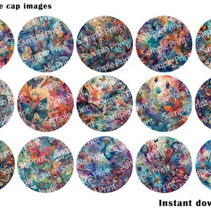 May include: A collection of fifteen 1-inch bottle cap images with colorful butterfly designs. The designs feature watercolor-style illustrations with various butterflies and floral elements in shades of blue, orange, and purple. Text includes "Sample Print" and "Instant download!"