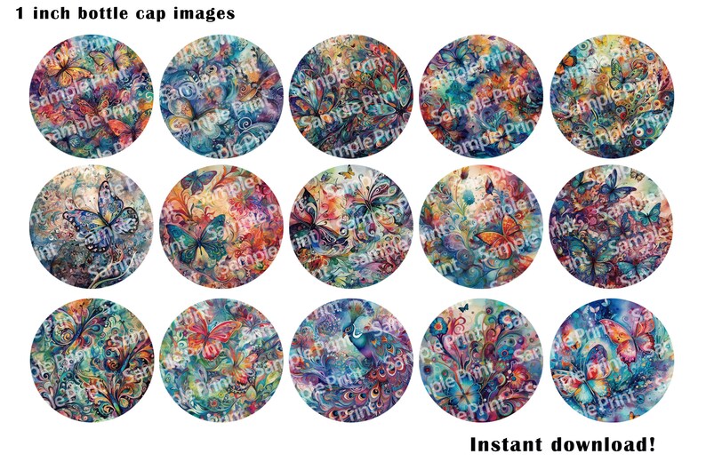 May include: A collection of fifteen 1-inch bottle cap images with colorful butterfly designs. The designs feature watercolor-style illustrations with various butterflies and floral elements in shades of blue, orange, and purple. Text includes "Sample Print" and "Instant download!"