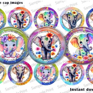Elephant images - Floral elephant - Elephant BCI - Bottle cap images - Floral images - 25mm cabochons - 1 inch circles - Colorful elephant