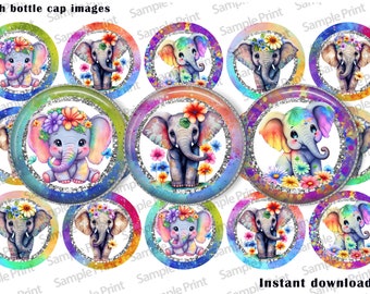 Elephant images - Floral elephant - Elephant BCI - Bottle cap images - Floral images - 25mm cabochons - 1 inch circles - Colorful elephant