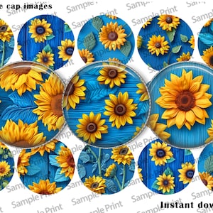 Sunflower images - Sunflower BCI - Wood images - Floral images - Bottle cap images - 25mm cabochons - 1 inch circles - Digital art - Instant