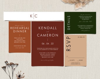 5 to 7 Piece Suite Include Belly Band DIY Download TEMPLETT Desert Maroon Earth Tone Boho Indie Wedding Invitation Template Kendall