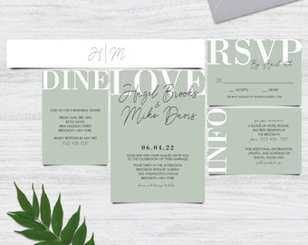 5 to 7 Piece Suite Hazel Dusty Sage Light Green Modern Minimalist Wedding Invitation Template DIY Edit Printable TEMPLETT Belly Band