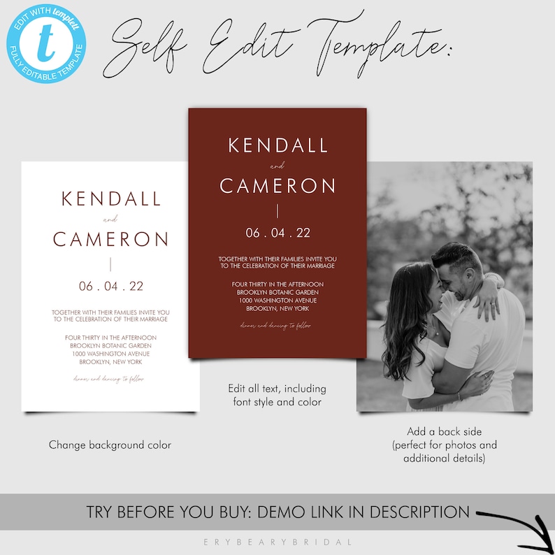 5 to 7 Piece Suite Include Belly Band DIY Download TEMPLETT Desert Maroon Earth Tone Boho Indie Wedding Invitation Template Kendall