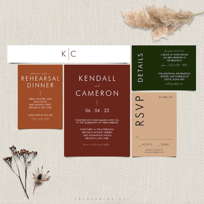 5 to 7 Piece Suite Include Belly Band DIY Download TEMPLETT Desert Maroon Earth Tone Boho Indie Wedding Invitation Template Kendall