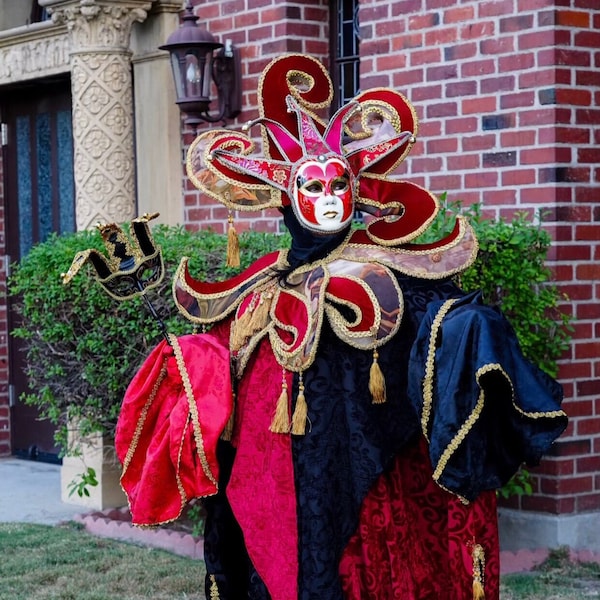 Venetian Carnival Costume. Red. Black. Mask. Festival. Show. Event. Halloween. Handmade.