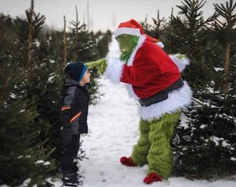 Handmade Olive Green Monster Costume: Faux Fur, Red Velvet Santa Suit