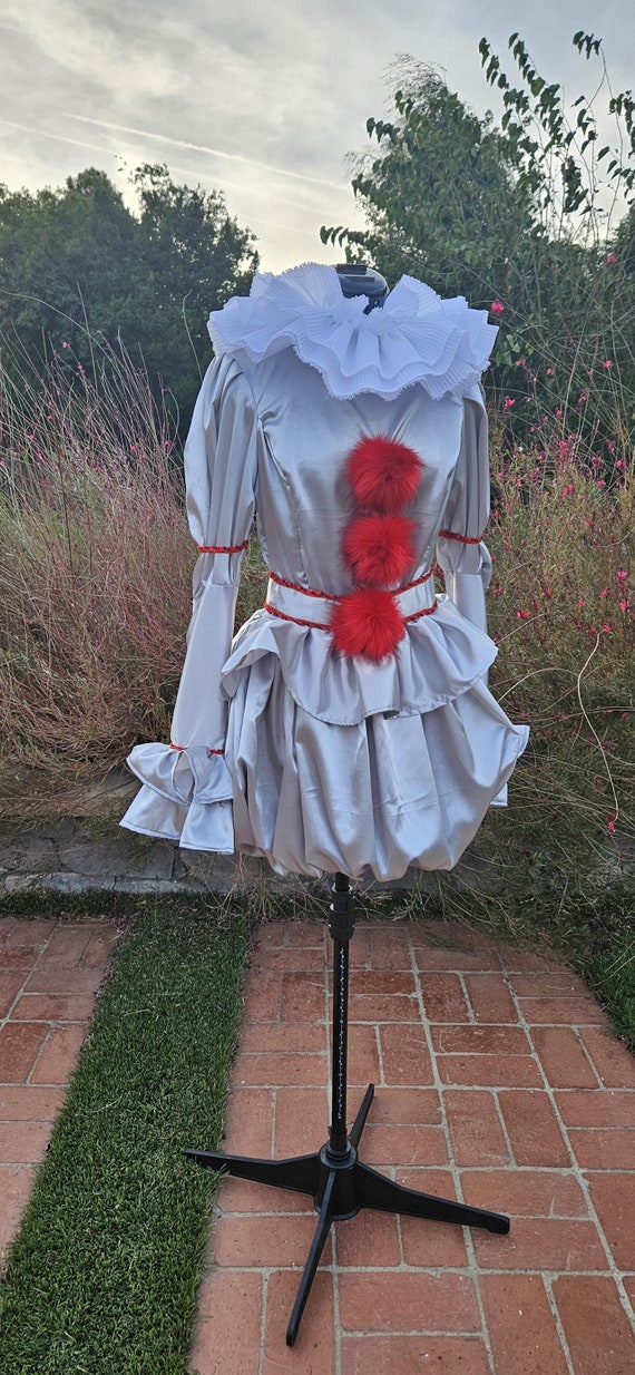 Grey Clown Female Satin Dress With Red Pom Poms. Adult. Halloween Costume. Cosplay. Handmade. Gift. Wearable Art. Etsy