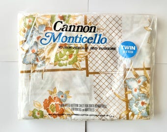 Cannon Monticello Floral Twin Fitted Bottom Sheet No-Iron Percale Vintage NOS Unopened