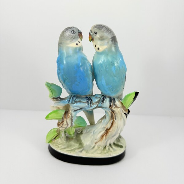 Ucagco Japan Vintage Blue Paroquet Parakeet Budgies Birds on Branch Vintage Figurine