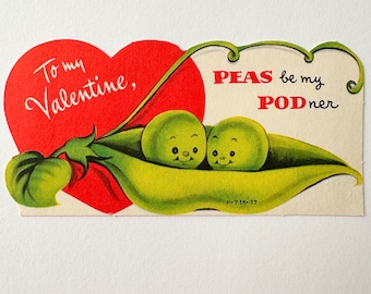 Peas Be My Podner Anthropomorphic Green Peas Vintage Valentine F-715-17 UNUSED