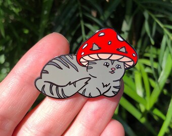 Grey Tabby Mushroom Cat Pin | Cute Cat, Mushroom Hat, Cottagecore, Enamel Pin