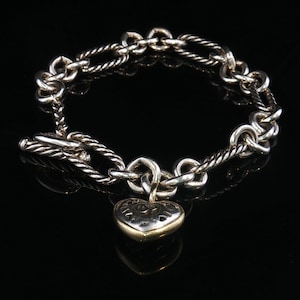 Vintage David Yurman Sterling Silver 14k Gold Heart Charm Toggle Bracelet 7.5"
