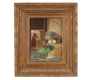 Antique Dutch Oil Painting Kitchen Maid at Work with Vegetables Johannes Engel Masurel