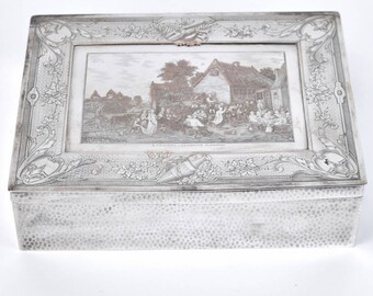 Vintage Finely Engraved Silver Plate Cigar Jewelry Box Flemish Fair Village Festival after Teniers