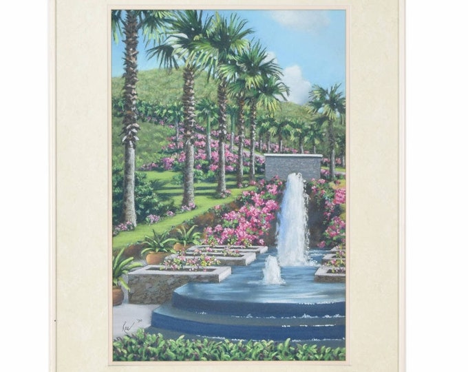 Fine Pastel Painting Palm Trees Fountain Blossoms Rae Gibbs Virgin Islands