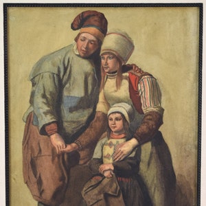 19th Century Watercolor Painting French Peasant Family Mom Dad w Daughter image 2