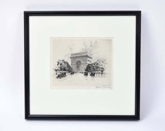 Henri Jourdain 1920's Etching of Arc de Triomphe Paris Cityscape w Vintage Automobiles signed