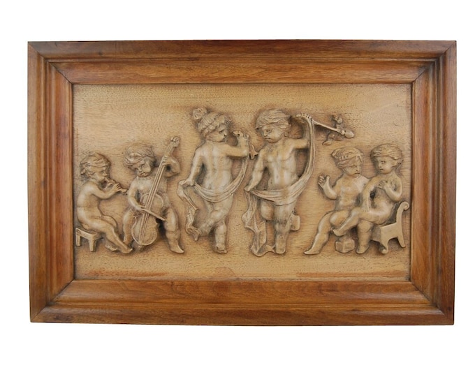 Antique Carved Wood Panel Bas-Relief Wall Sculpture Plaque Cherubs Putti Dancing