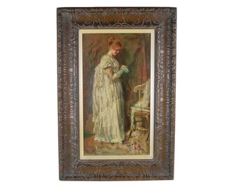 1875 Oil Painting Lovely Young Woman in White Dress and Gloves sgd Clara Hoffman Cincinnati Ohio