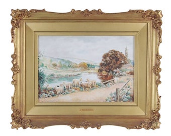 HOLD FOR MARI Antique English Countryside Pastoral Sheep Crossing Bridge Watercolor Painting Hedley S. Vicars