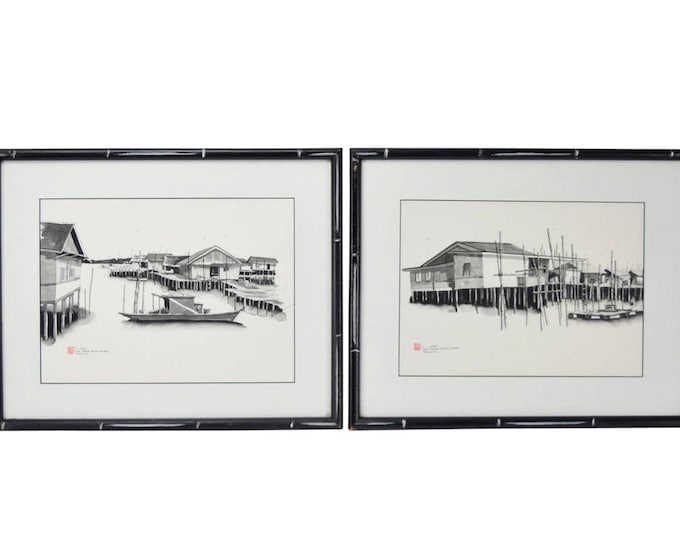 Pair Pen & Ink Watercolor Paintings Malaysian Fishing Village Scene by L. L. Wee