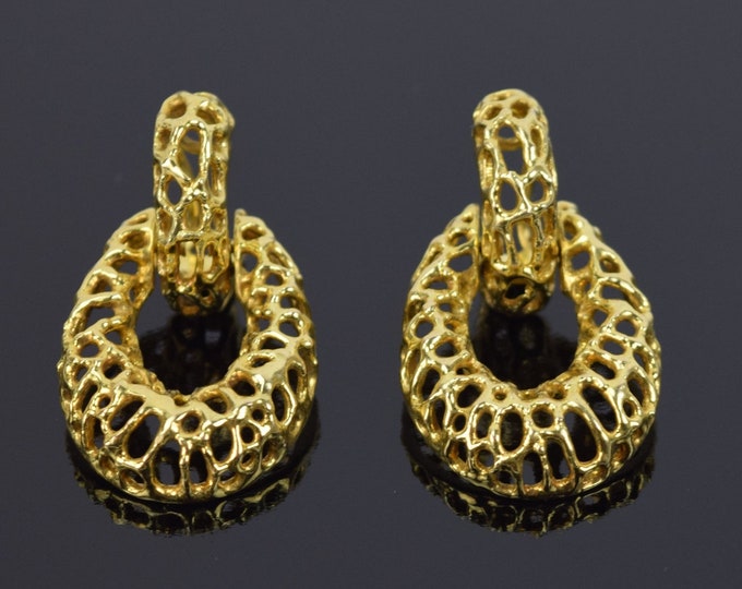 Estate Pair 14k Solid Yellow Gold 1970’s Brutalist Biomorphic Hoop Earrings