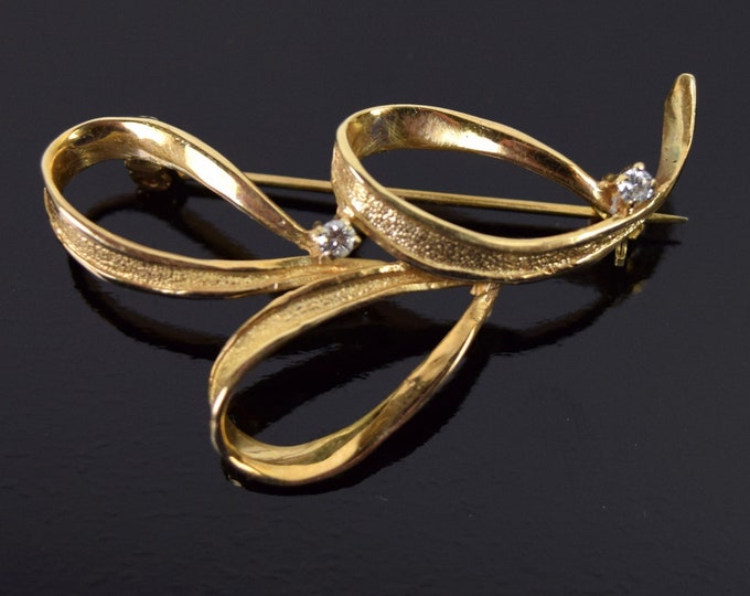 Vintage Mid-Century 14k Solid Gold Diamond Three Loop Ribbon Brooch