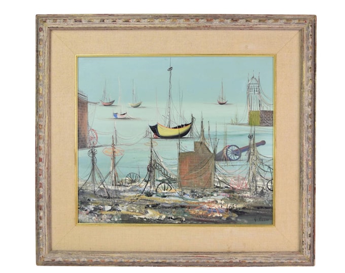 Vintage Midcentury Surrealist Oil Painting Decrepit Port Scene w Ships signed G. Russo