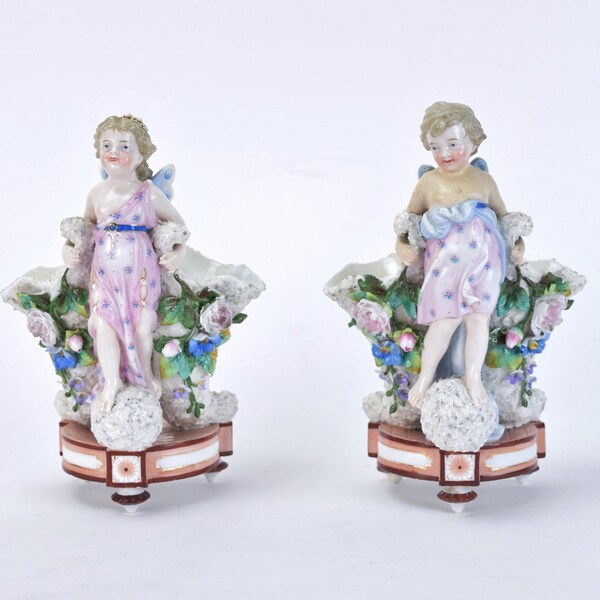 Pair Antique KPM Kister Scheibe-Alsbach Meissen Porcelain Angel Cherub Spill Vases