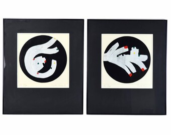 SOLD! Pair Vintage Modern Abstract Oil Paintings “Night Games I & II” signed Ron Raye