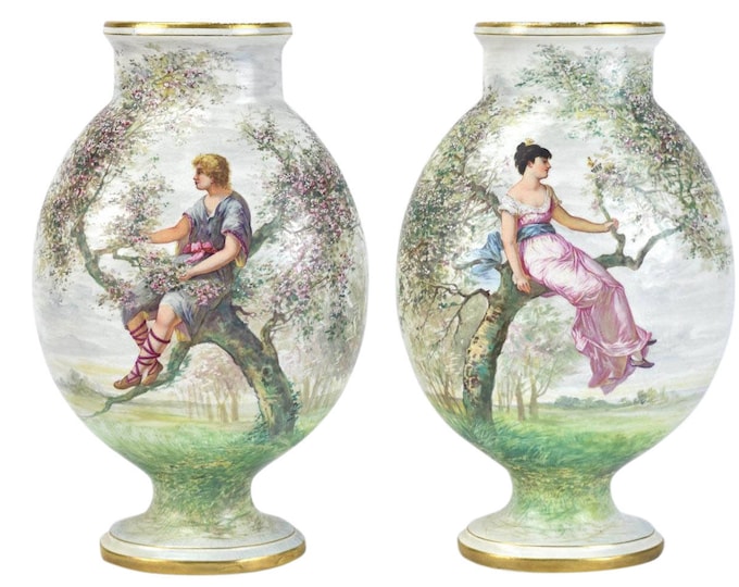 SOLD! Pair St. Denis Antique French Porcelain Vases Hand Painted Lovers Perched in Trees