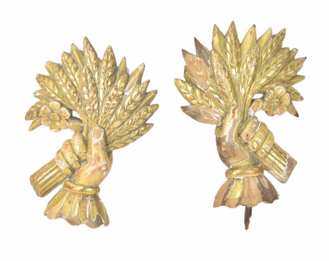 Antique Pair Carved Gilt Wood Architectural Furniture Elements Hands w Sheaf Wheat