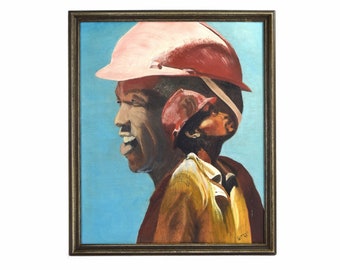 Vintage 1980’s Oil Painting African-American Portrait Construction Worker Lineman signed