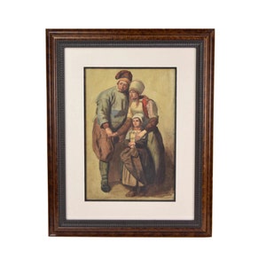 19th Century Watercolor Painting French Peasant Family Mom Dad w Daughter image 1