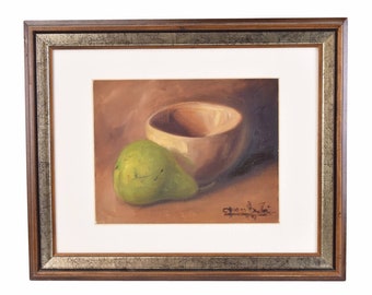 Vintage Impressionist Still Life Oil Painting Bowl with Green Pear signed