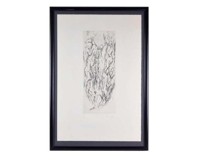 Mid-Century Etching Abstracted Naked Men Ascending to the Heavens signed Pierre Zucchelli