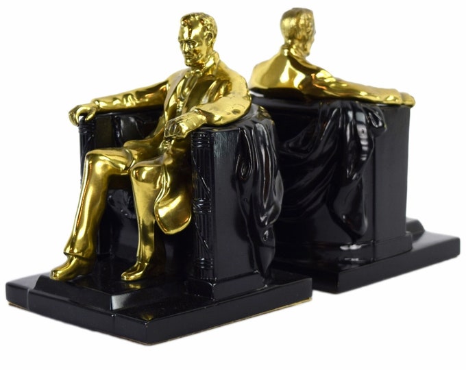 Vintage Metal Sculptural Bookends Lincoln in the Chair after Daniel Chester French