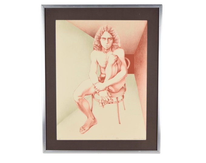 Long Haired Nude Young Man 1970s Surrealist Perspective Lithograph sgd #d Chicago Artist