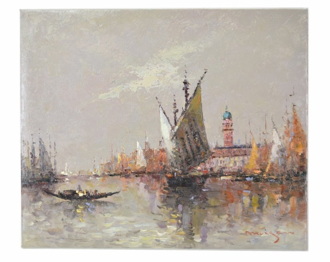 Impressionist Oil Painting Sailboat inVenetian Grand Lagoon with St. Marks signed Morgan