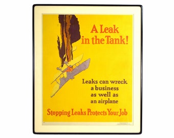 1920's “A Leak in the Tank!” Crashing Airplane Aviation Safety Lithograph Poster by Willard Elmes