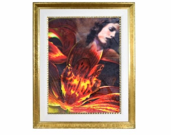 Ginzburg Original Surrealist Painting Woman w Superimposed Fiery Red Flowers