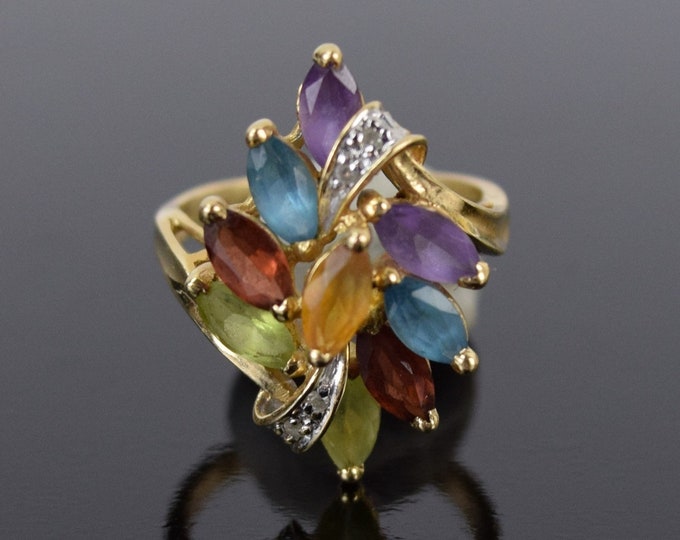 Vintage Mid-Century Modern 14k Solid Gold Ring w Confetti Marquise Gemstones