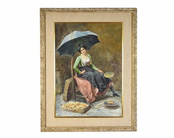 Circa 1900 Italian Genre Painting Street Vender Selling Corn w Umbrella