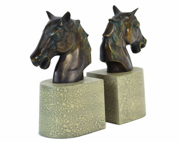 Pair Vintage Verdigris Bronze Horse Head Bookends on Faux Marble Bases