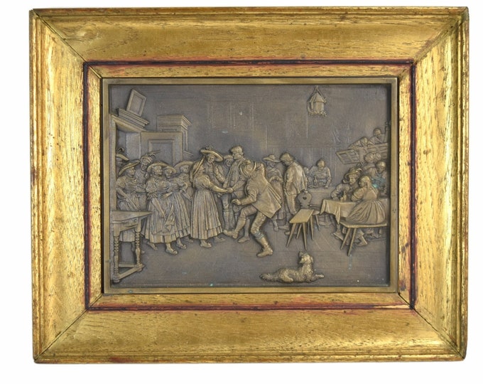 Vintage Bronze Plaque 18th Century Genre Scene Tavern Wedding Dancer & Dog