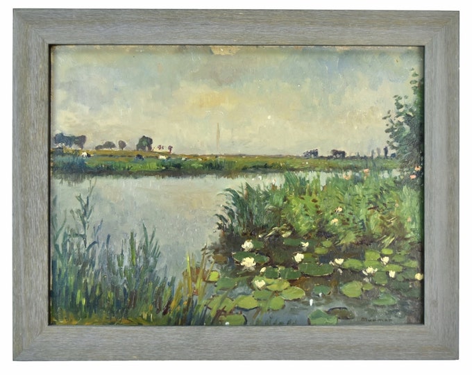 Early 20th Century Landscape Oil Painting Landscape with Pond Cows sgd Murman