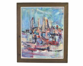 1978 Sailboats in Provincetown Harbor Midcentury Modern Abstract Painting signed Bodner